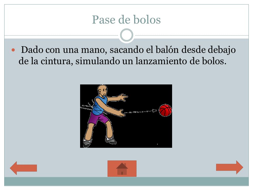 Pase de bolos Dado con una mano, sacando el balón desde debajo de la cintura, simulando un lanzamiento de bolos.