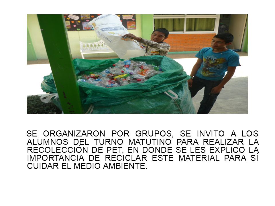 SE ORGANIZARON POR GRUPOS, SE INVITO A LOS ALUMNOS DEL TURNO MATUTINO PARA REALIZAR LA RECOLECCIÓN DE PET, EN DONDE SE LES EXPLICO LA IMPORTANCIA DE RECICLAR ESTE MATERIAL PARA SÍ CUIDAR EL MEDIO AMBIENTE.