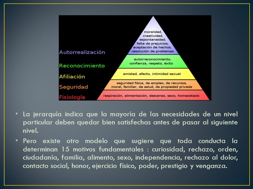 La jerarquía indica que la mayoría de las necesidades de un nivel particular deben quedar bien satisfechas antes de pasar al siguiente nivel.