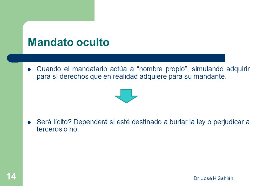Mandato oculto Cuando el mandatario actúa a nombre propio , simulando adquirir para sí derechos que en realidad adquiere para su mandante.