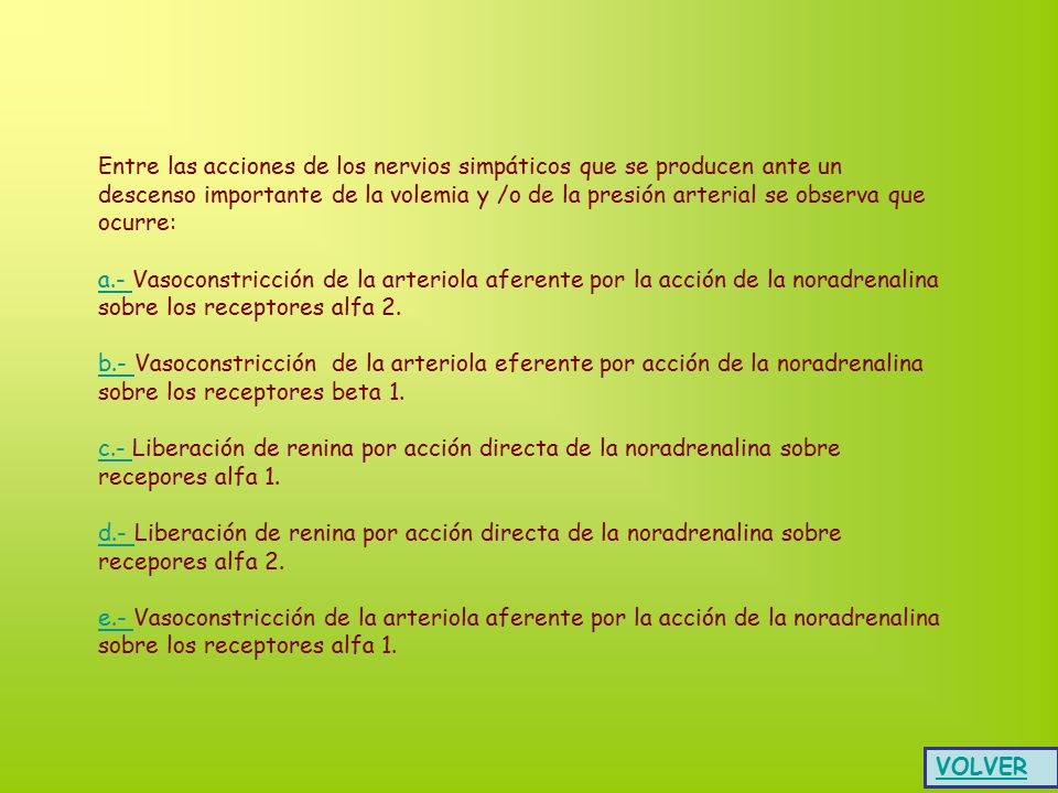 Entre las acciones de los nervios simpáticos que se producen ante un descenso importante de la volemia y /o de la presión arterial se observa que ocurre:
