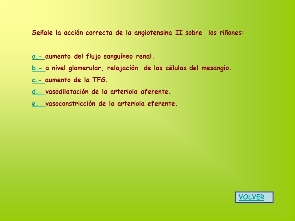 Señale la acción correcta de la angiotensina II sobre los riñones: