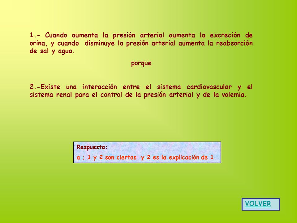 1.- Cuando aumenta la presión arterial aumenta la excreción de orina, y cuando disminuye la presión arterial aumenta la reabsorción de sal y agua.