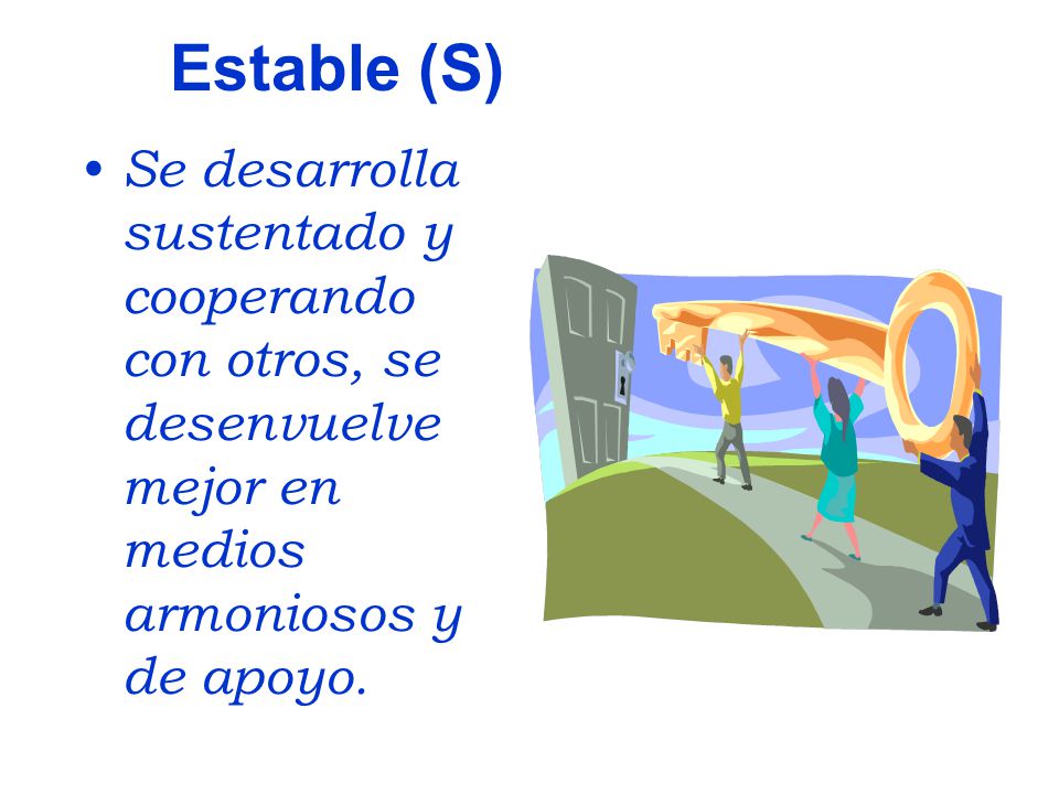 Estable (S) Se desarrolla sustentado y cooperando con otros, se desenvuelve mejor en medios armoniosos y de apoyo.