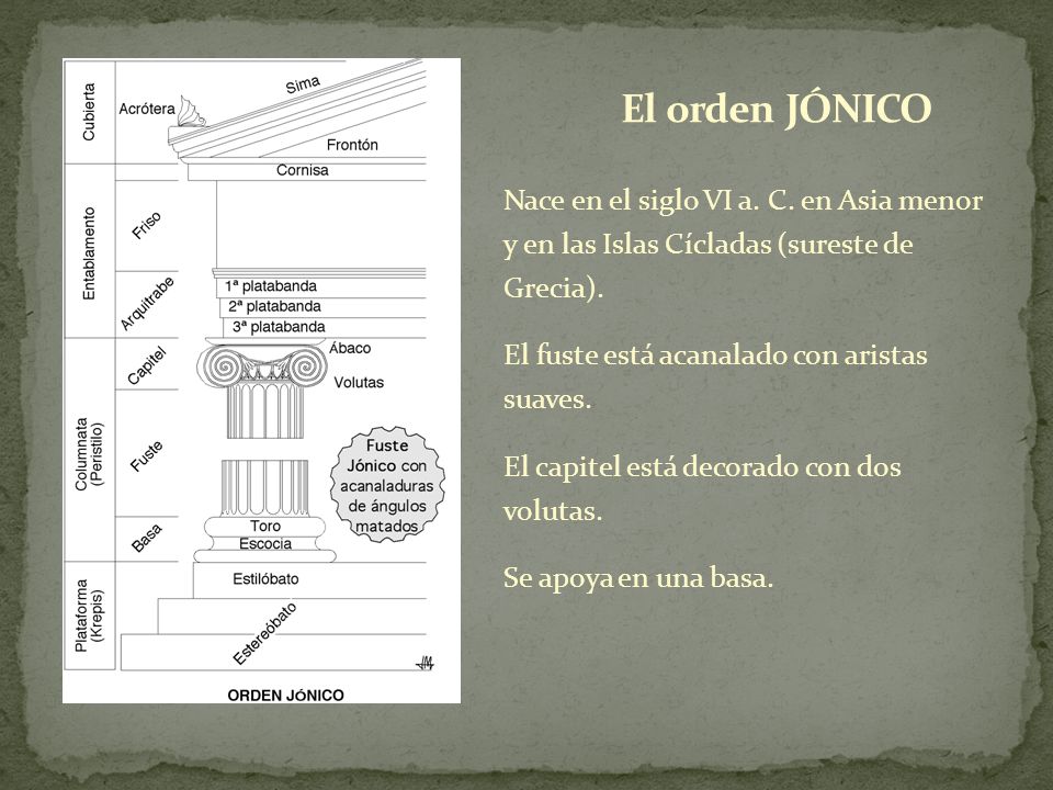 El orden JÓNICO Nace en el siglo VI a. C. en Asia menor y en las Islas Cícladas (sureste de Grecia).