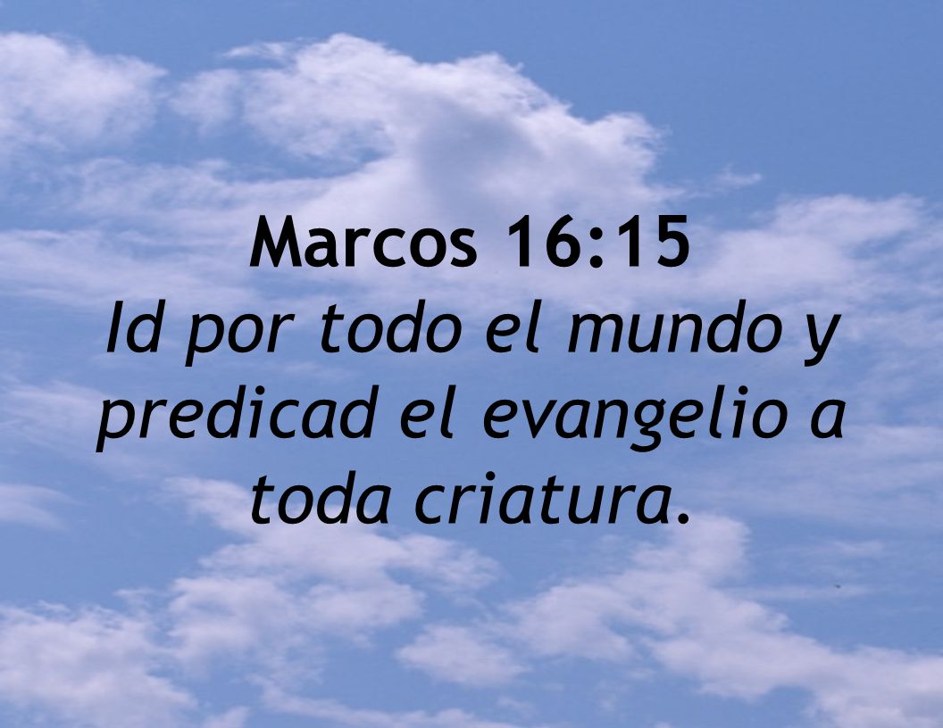 Marcos 16:15 Id por todo el mundo y predicad el evangelio a toda criatura.