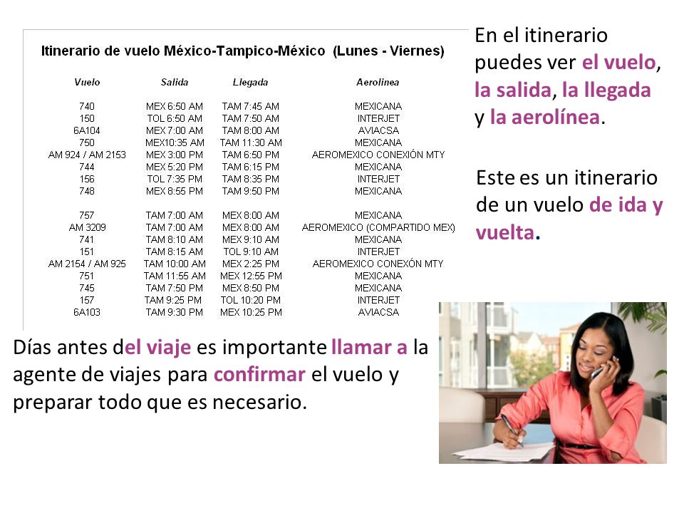 En el itinerario puedes ver el vuelo, la salida, la llegada y la aerolínea.