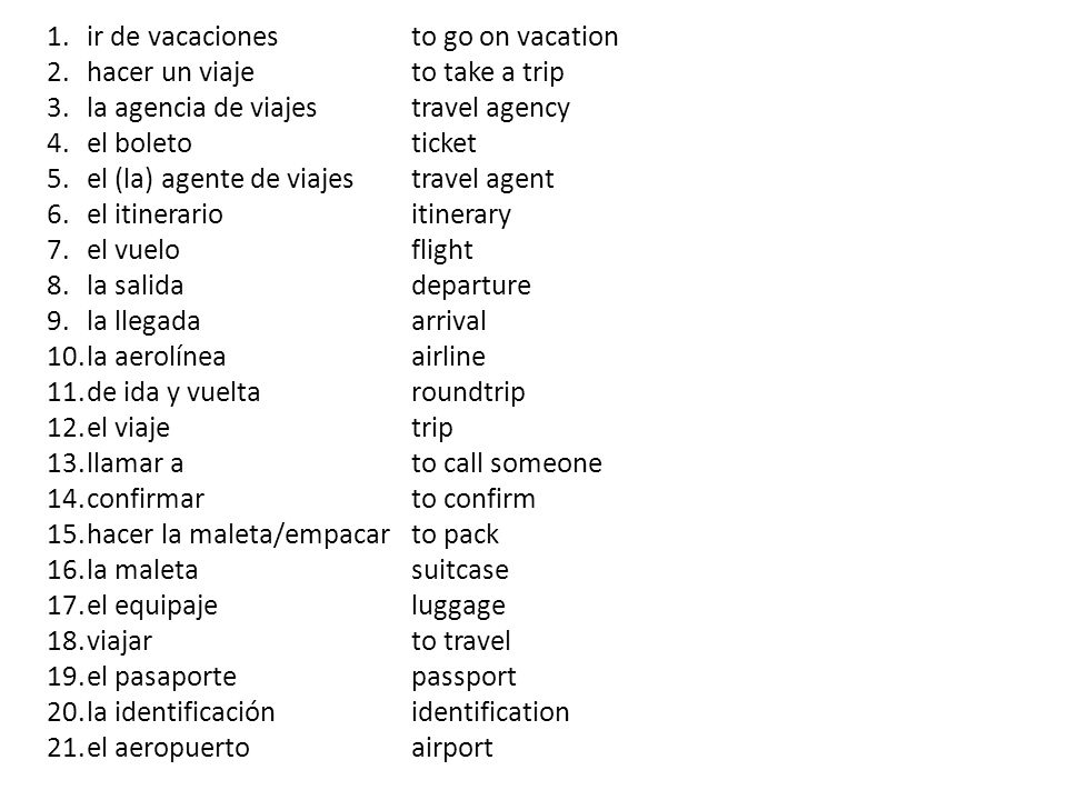 ir de vacaciones hacer un viaje. la agencia de viajes. el boleto. el (la) agente de viajes. el itinerario.