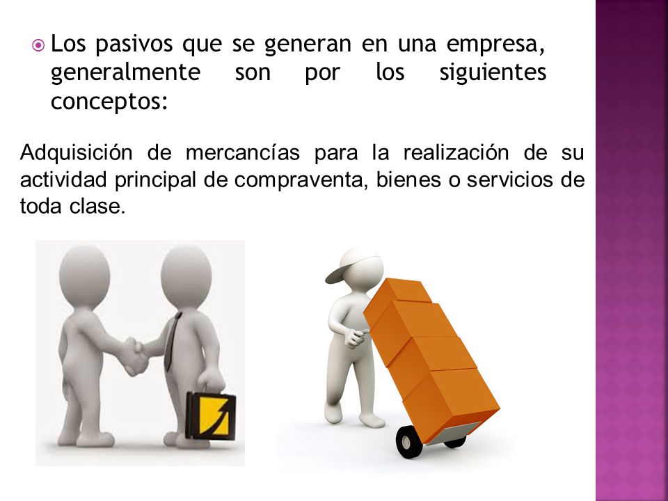 Los pasivos que se generan en una empresa, generalmente son por los siguientes conceptos: