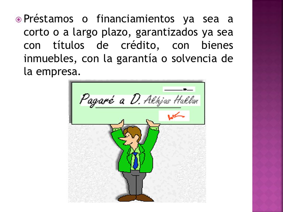 Préstamos o financiamientos ya sea a corto o a largo plazo, garantizados ya sea con títulos de crédito, con bienes inmuebles, con la garantía o solvencia de la empresa.