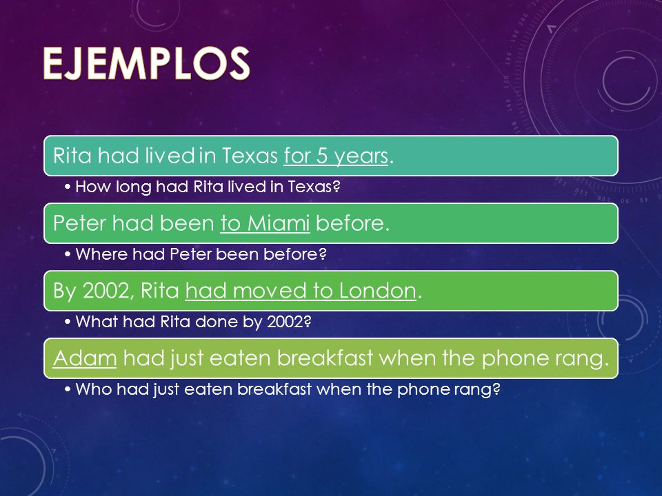 EJEMPLOS Rita had lived in Texas for 5 years.