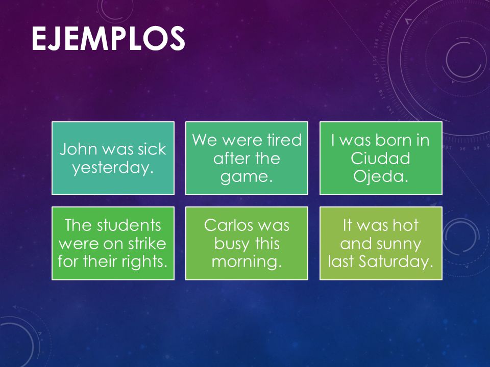 EJEMPLOS John was sick yesterday. We were tired after the game.