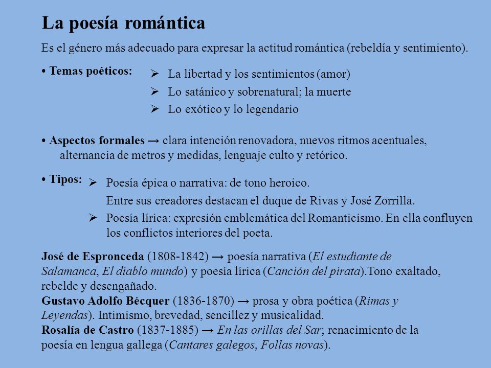 La poesía romántica Es el género más adecuado para expresar la actitud romántica (rebeldía y sentimiento).
