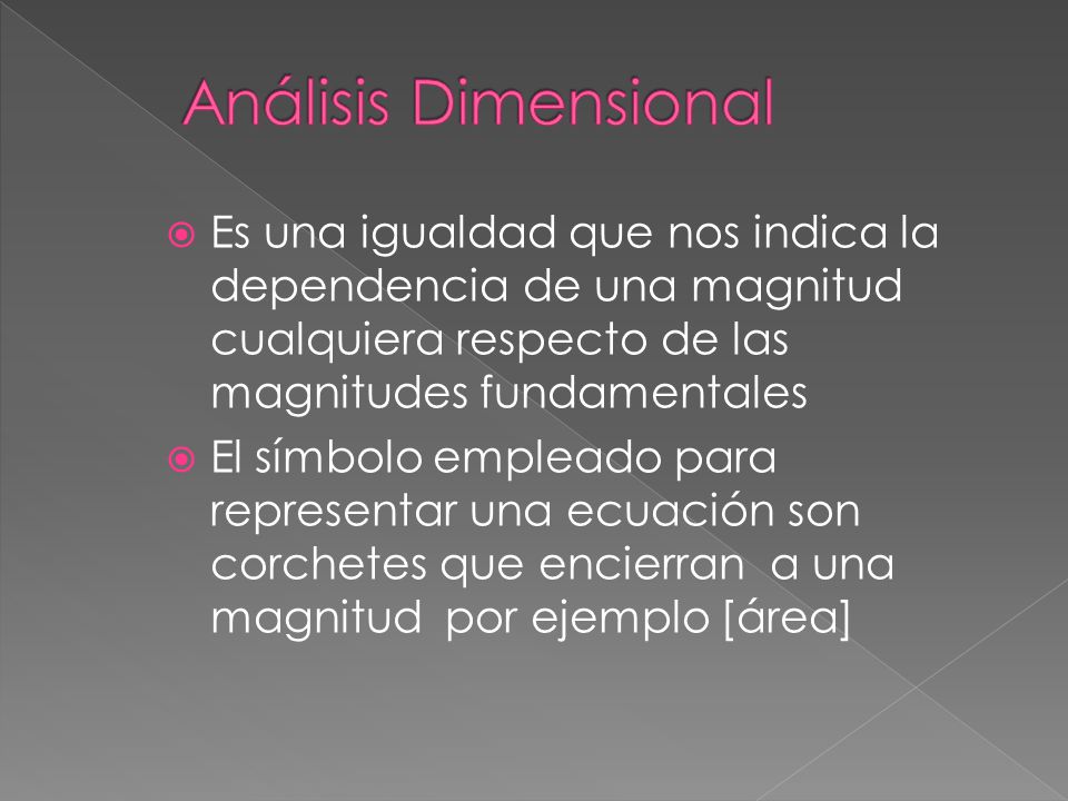 Análisis Dimensional Es una igualdad que nos indica la dependencia de una magnitud cualquiera respecto de las magnitudes fundamentales.