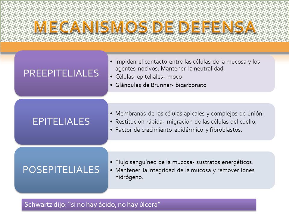 MECANISMOS DE DEFENSA Schwartz dijo: si no hay ácido, no hay úlcera