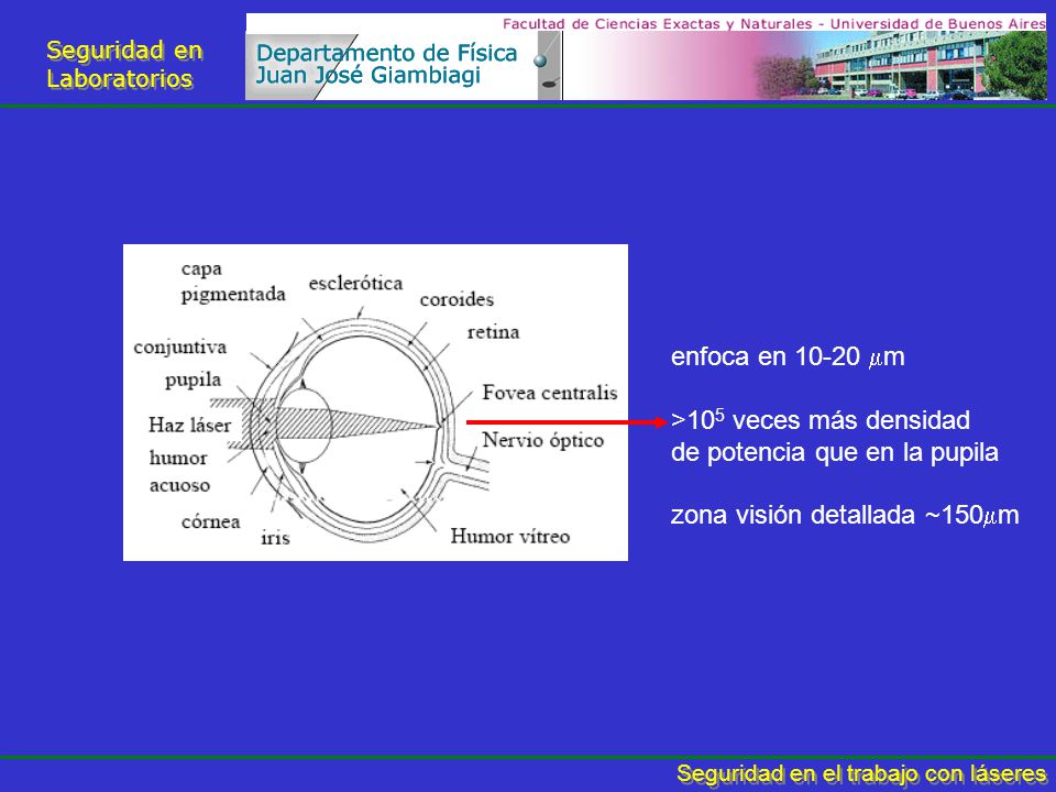 enfoca en mm >105 veces más densidad. de potencia que en la pupila.