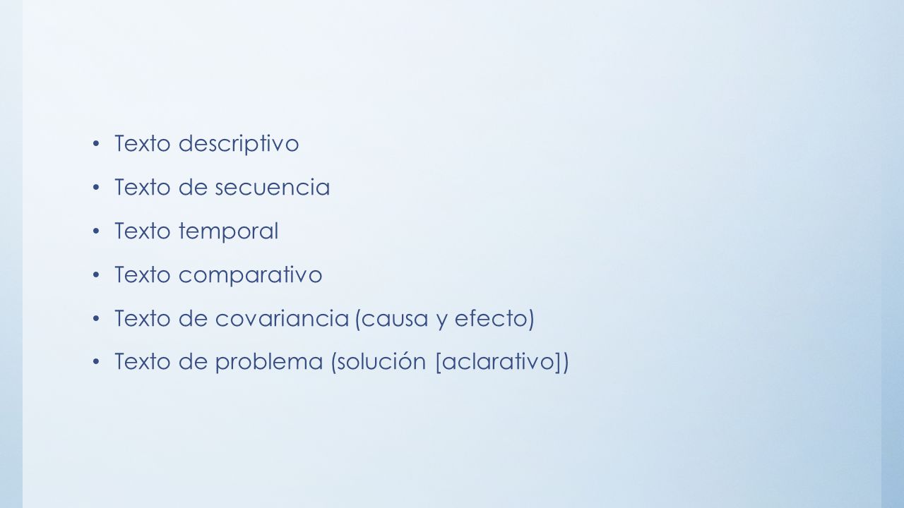Texto descriptivo Texto de secuencia. Texto temporal. Texto comparativo. Texto de covariancia (causa y efecto)