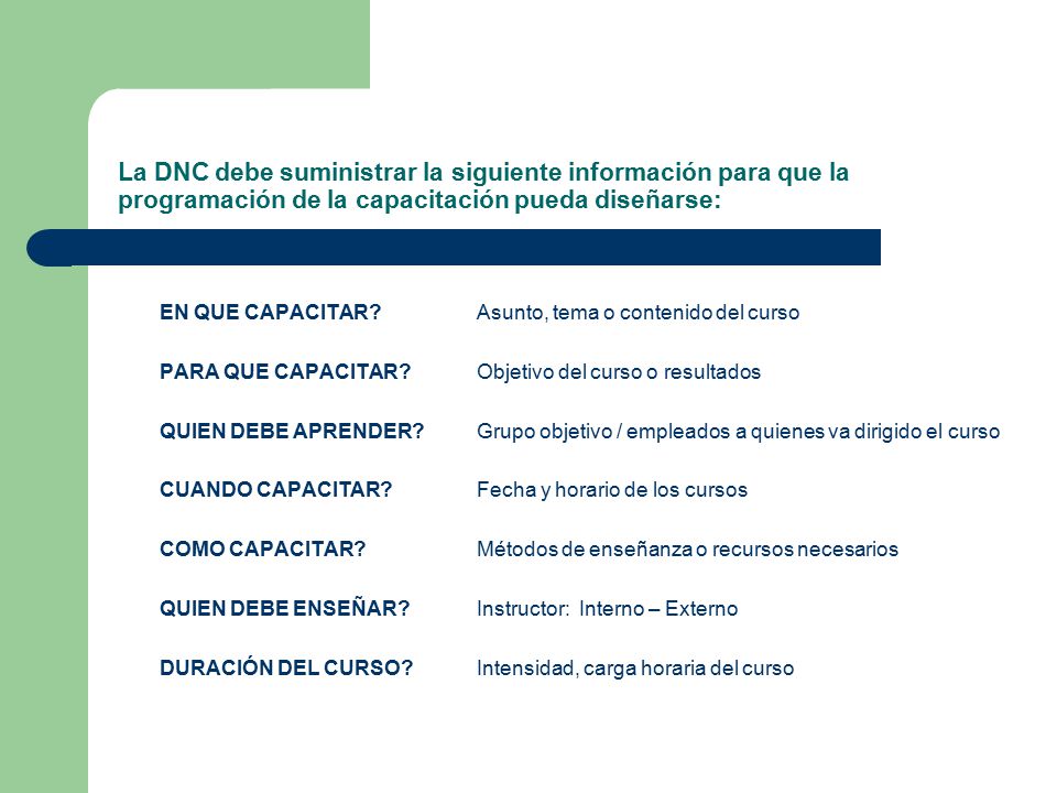 La DNC debe suministrar la siguiente información para que la programación de la capacitación pueda diseñarse: