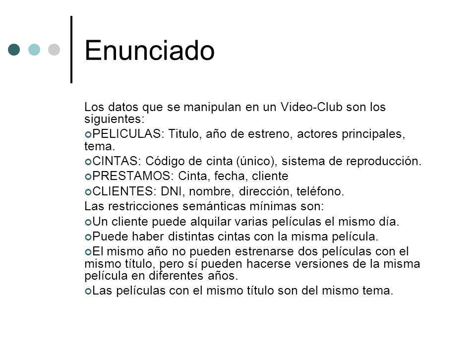 Enunciado Los datos que se manipulan en un Video-Club son los siguientes: PELICULAS: Titulo, año de estreno, actores principales, tema.