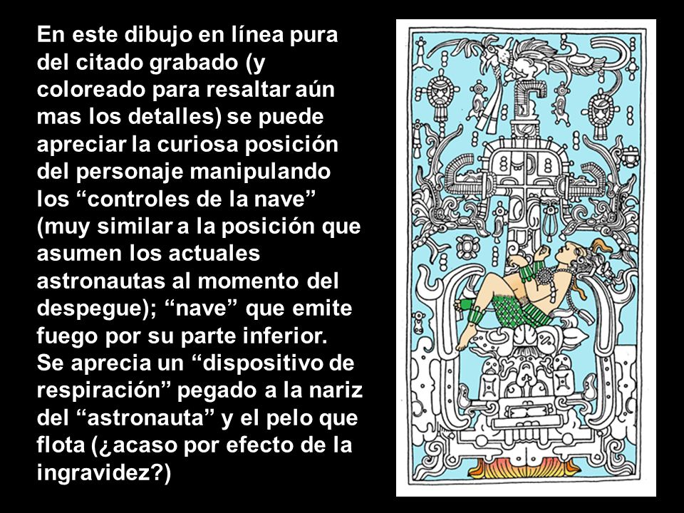 En este dibujo en línea pura del citado grabado (y coloreado para resaltar aún mas los detalles) se puede apreciar la curiosa posición del personaje manipulando los controles de la nave (muy similar a la posición que asumen los actuales astronautas al momento del despegue); nave que emite fuego por su parte inferior.