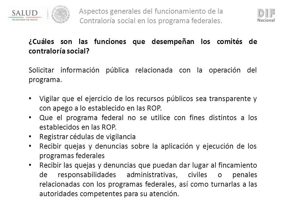 Aspectos generales del funcionamiento de la Contraloría social en los programa federales.