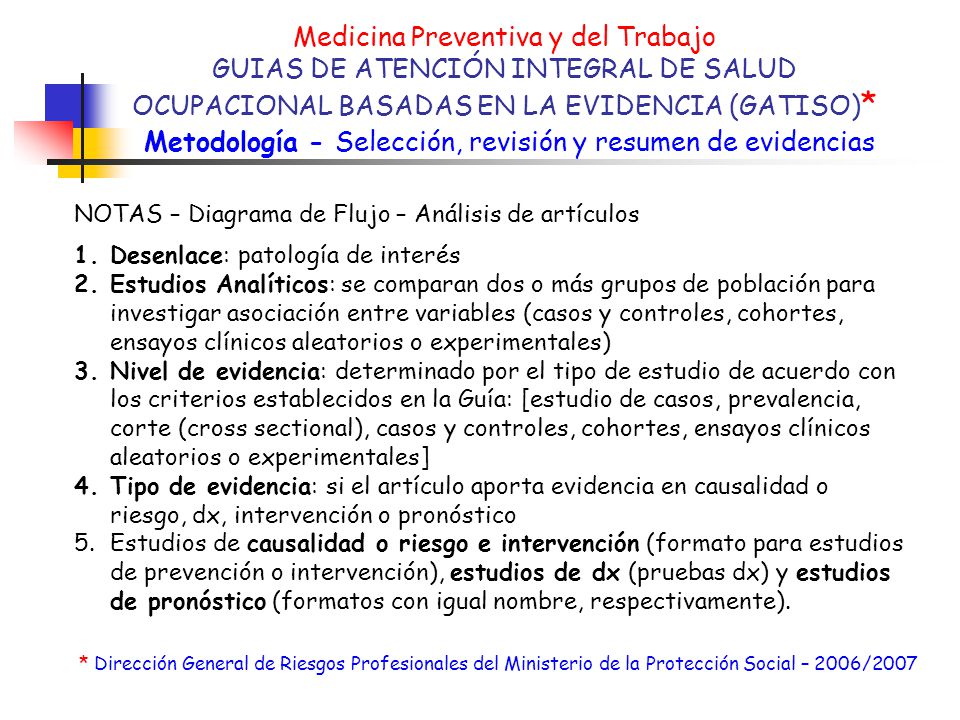 Medicina Preventiva y del Trabajo GUIAS DE ATENCIÓN INTEGRAL DE SALUD OCUPACIONAL BASADAS EN LA EVIDENCIA (GATISO)* Metodología - Selección, revisión y resumen de evidencias