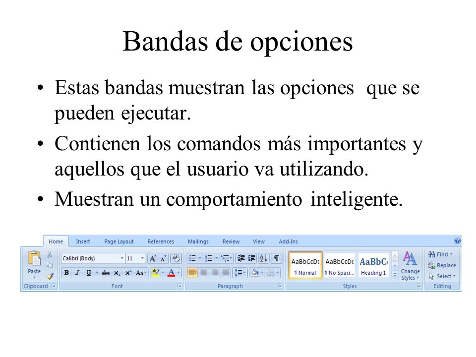 Bandas de opciones Estas bandas muestran las opciones que se pueden ejecutar.