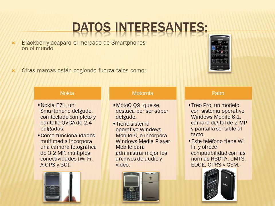 Datos INTERESANTES: Blackberry acaparo el mercado de Smartphones en el mundo. Otras marcas están cogiendo fuerza tales como: