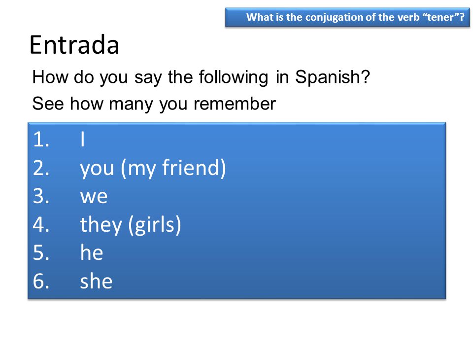 Entrada I you (my friend) we they (girls) he she