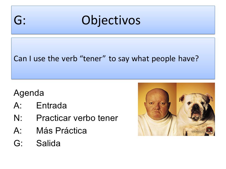 G: Objectivos Can I use the verb tener to say what people have