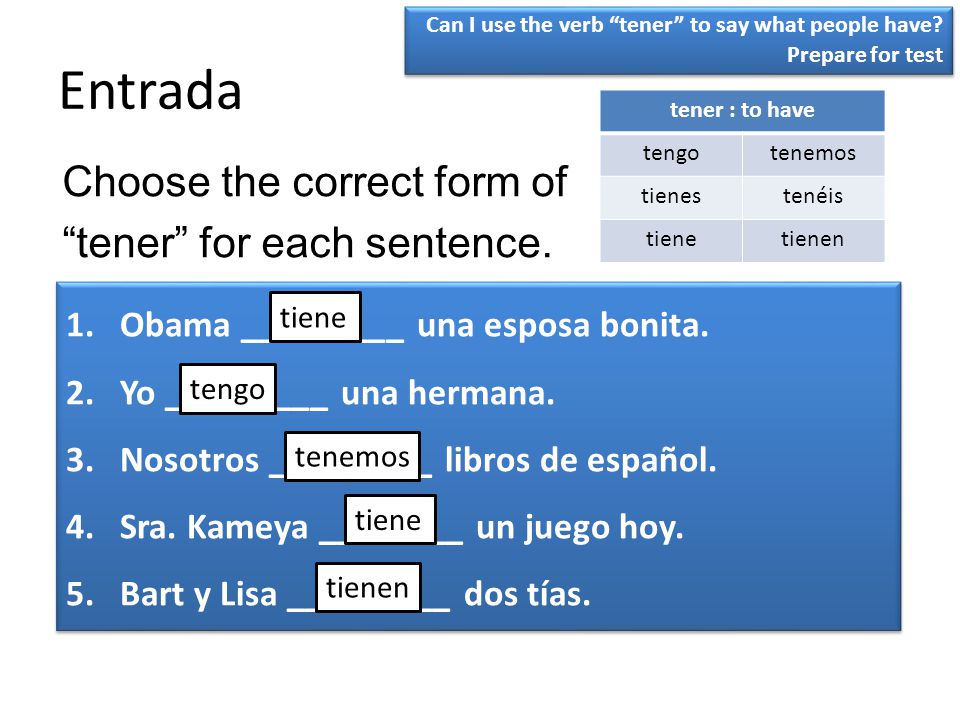 Entrada Choose the correct form of tener for each sentence.