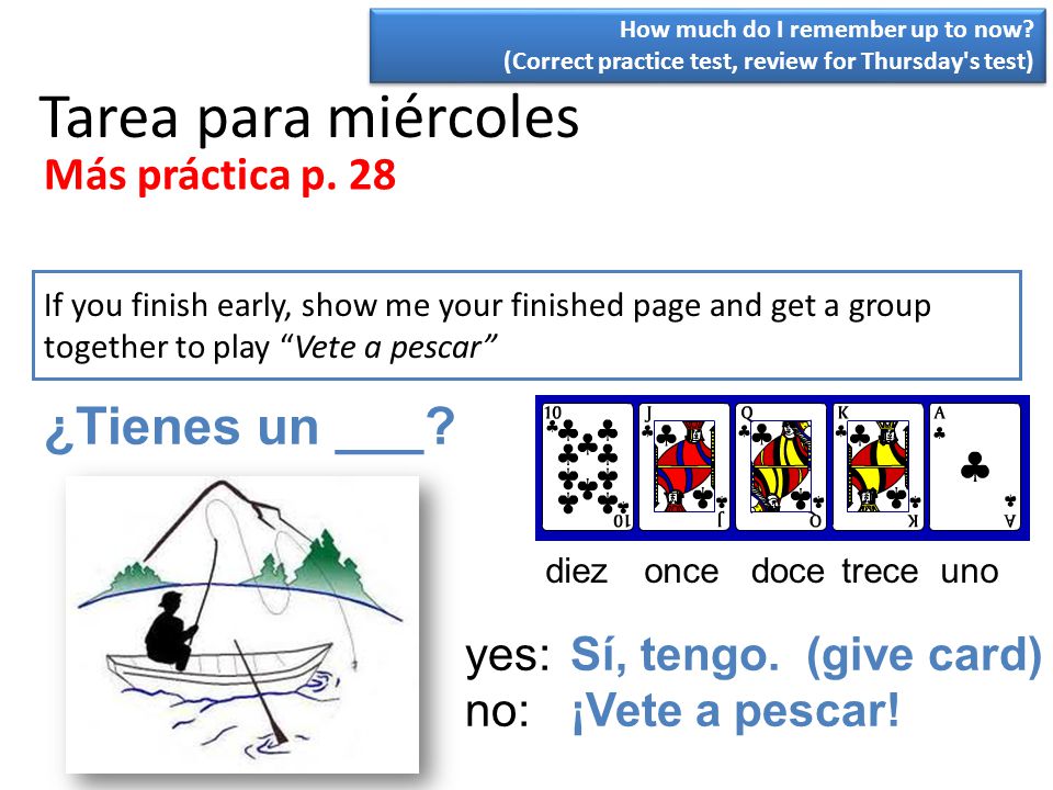 Tarea para miércoles ¿Tienes un ___ Más práctica p. 28