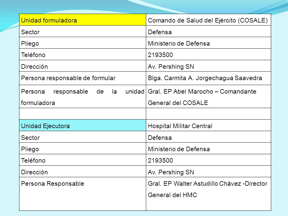 Unidad formuladora Comando de Salud del Ejército (COSALE) Sector. Defensa. Pliego. Ministerio de Defensa.