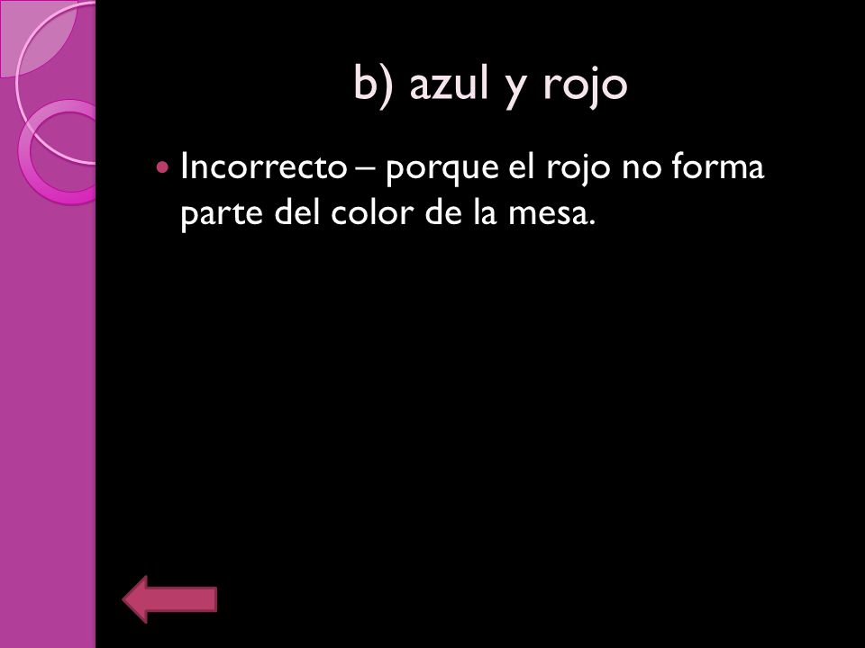 b) azul y rojo Incorrecto – porque el rojo no forma parte del color de la mesa.