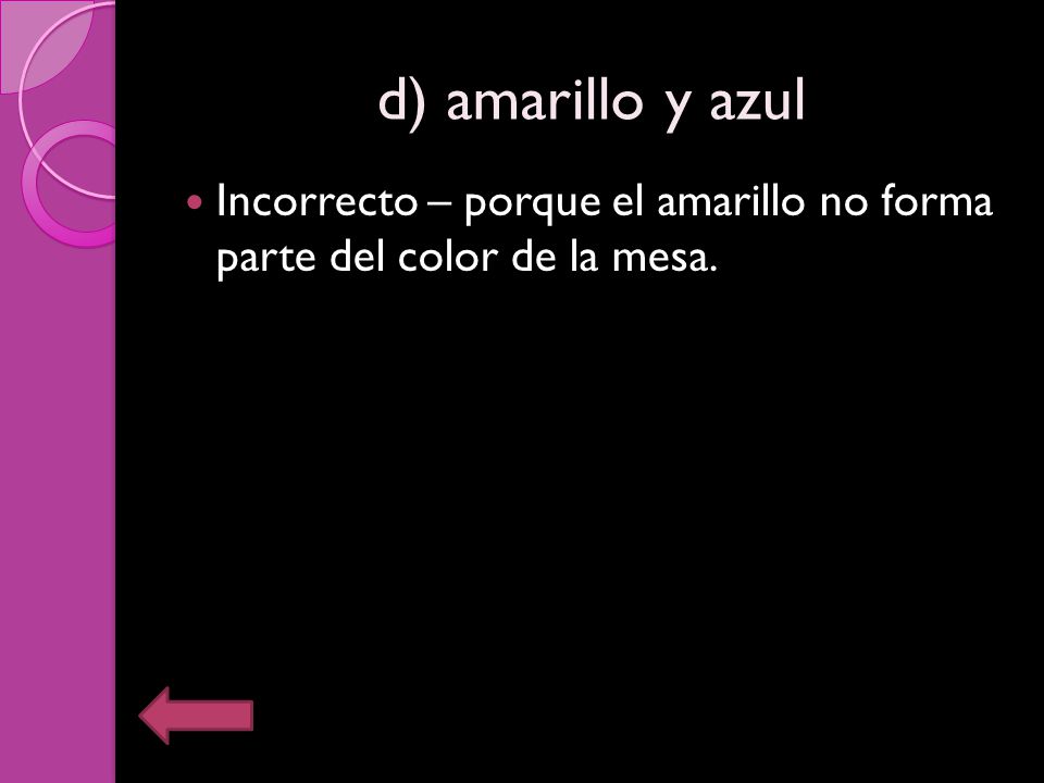 d) amarillo y azul Incorrecto – porque el amarillo no forma parte del color de la mesa.