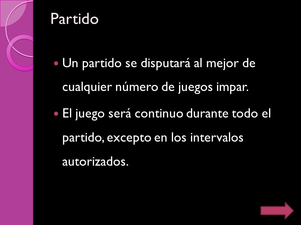 Partido Un partido se disputará al mejor de cualquier número de juegos impar.