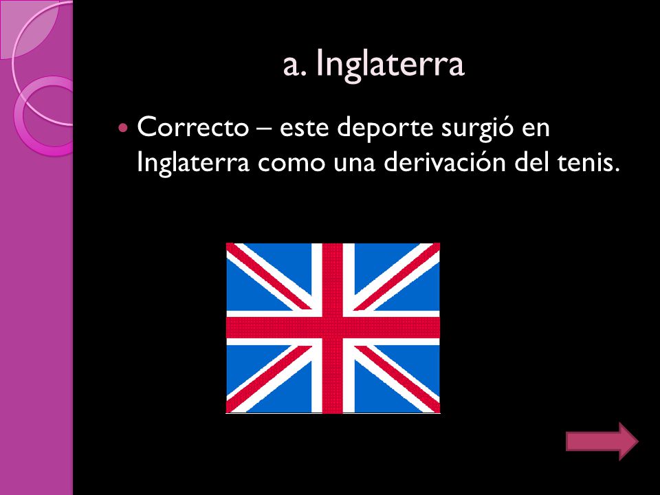 a. Inglaterra Correcto – este deporte surgió en Inglaterra como una derivación del tenis.