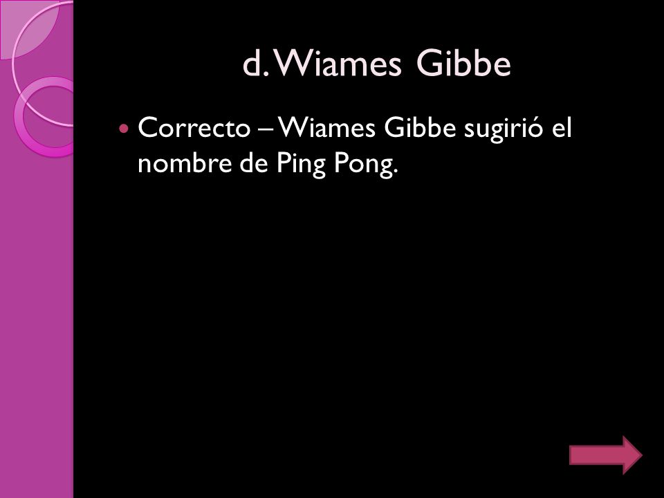 d. Wiames Gibbe Correcto – Wiames Gibbe sugirió el nombre de Ping Pong.