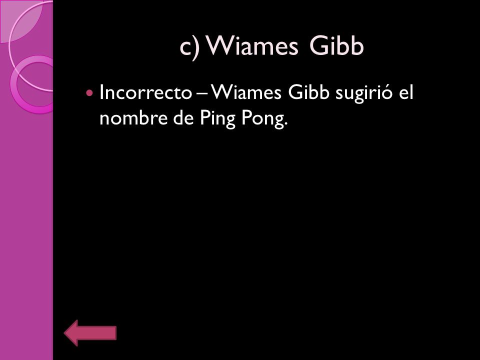 c) Wiames Gibb Incorrecto – Wiames Gibb sugirió el nombre de Ping Pong.