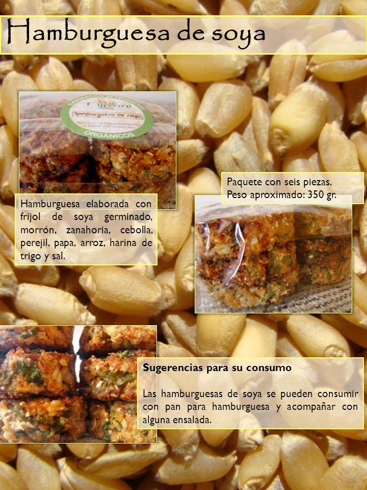 Hamburguesa de soya Paquete con seis piezas. Peso aproximado: 350 gr.
