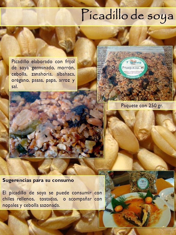 Picadillo de soya Picadillo elaborado con frijol de soya germinado, morrón, cebolla, zanahoria, albahaca, orégano, pasas, papa, arroz y sal.