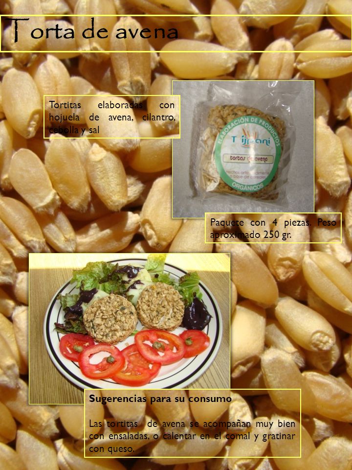 Torta de avena Tortitas elaboradas con hojuela de avena, cilantro, cebolla y sal. Paquete con 4 piezas. Peso aproximado 250 gr.