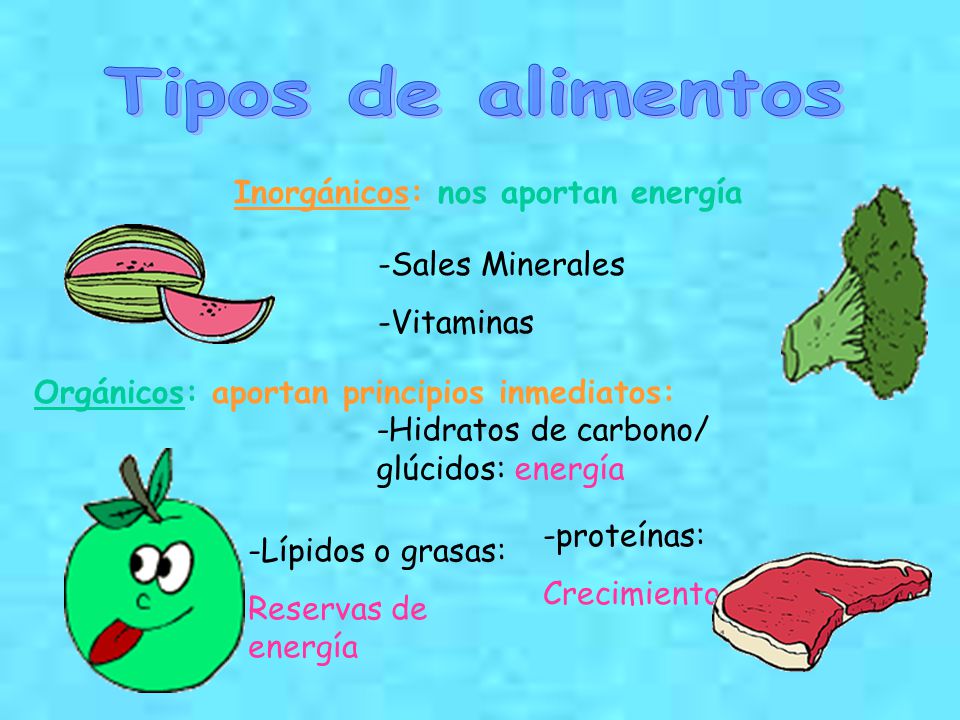 Tipos de alimentos Inorgánicos: nos aportan energía Sales Minerales