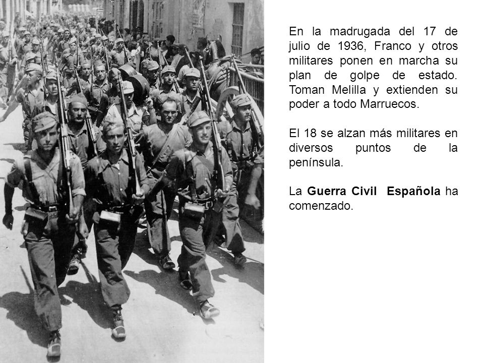 En la madrugada del 17 de julio de 1936, Franco y otros militares ponen en marcha su plan de golpe de estado. Toman Melilla y extienden su poder a todo Marruecos.