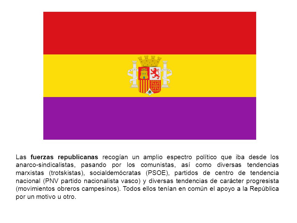 Las fuerzas republicanas recogían un amplio espectro político que iba desde los anarco-sindicalistas, pasando por los comunistas, así como diversas tendencias marxistas (trotskistas), socialdemócratas (PSOE), partidos de centro de tendencia nacional (PNV partido nacionalista vasco) y diversas tendencias de carácter progresista (movimientos obreros campesinos).