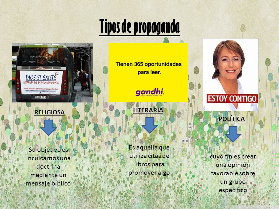 Tipos de propaganda LITERARIA RELIGIOSA POLÍTICA