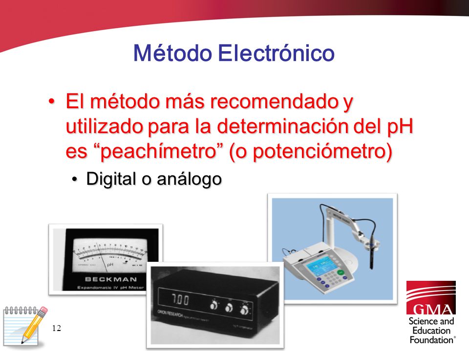 Método Electrónico El método más recomendado y utilizado para la determinación del pH es peachímetro (o potenciómetro)