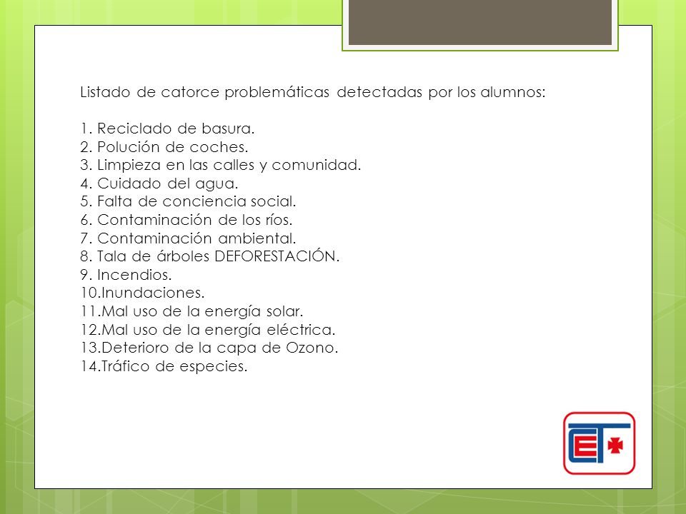 Listado de catorce problemáticas detectadas por los alumnos: