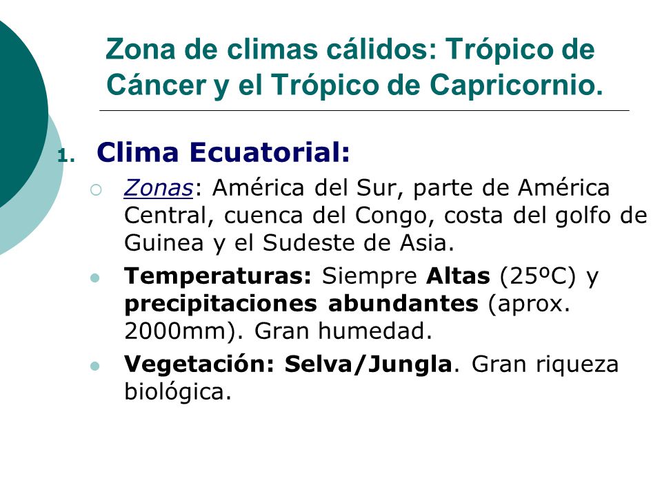 Zona de climas cálidos: Trópico de Cáncer y el Trópico de Capricornio.