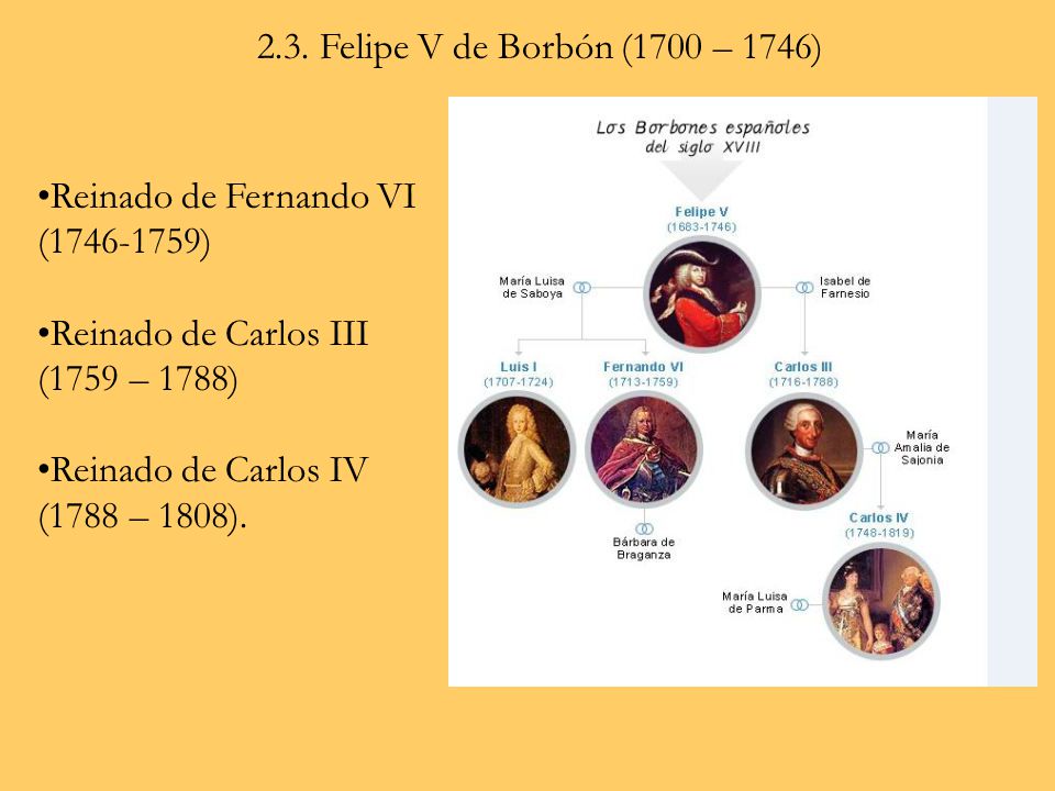 2.3. Felipe V de Borbón (1700 – 1746) Reinado de Fernando VI ( ) Reinado de Carlos III (1759 – 1788)